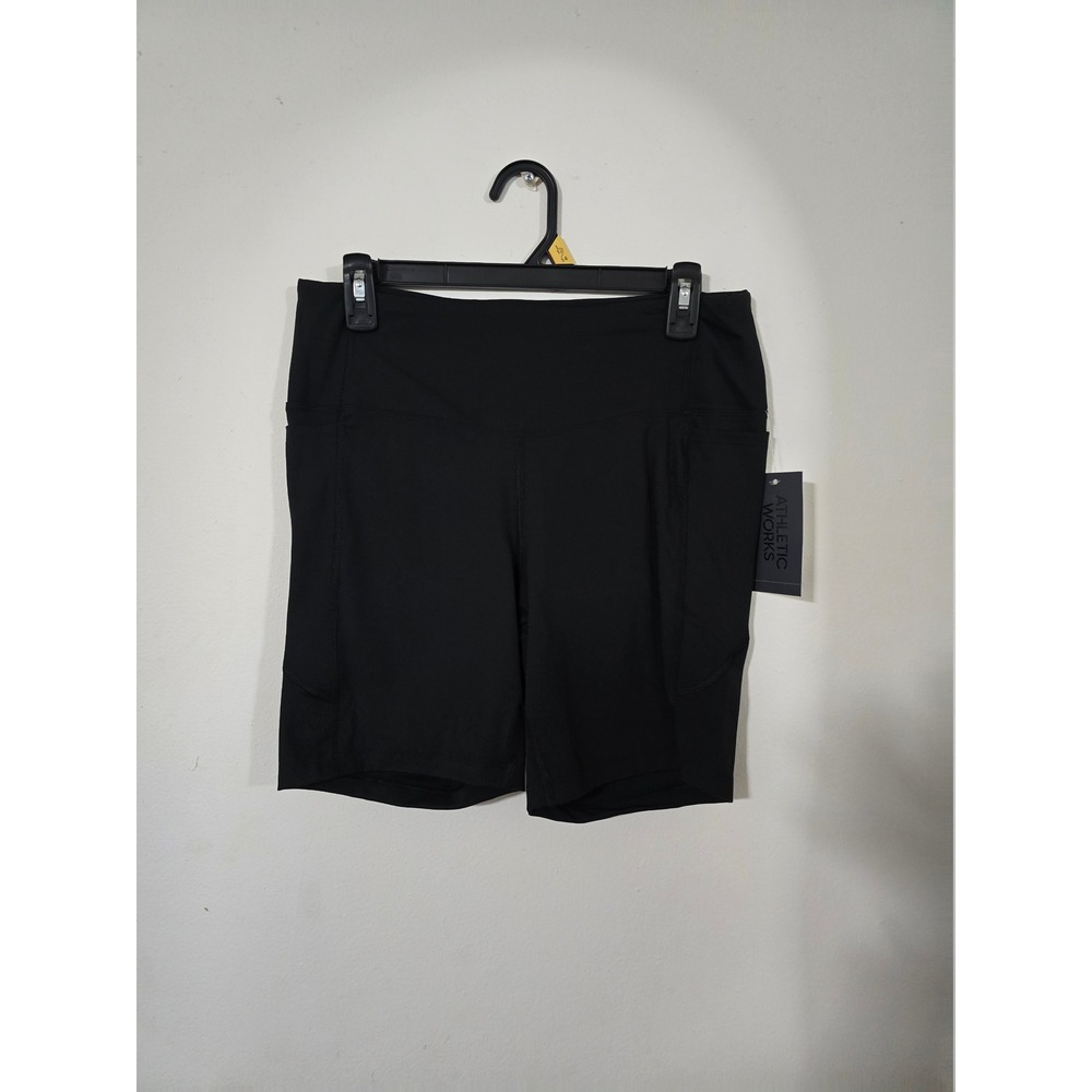 NWT Athletic Works Women Black Biking Shorts High Waist Pockets Size L 12-14 NWT